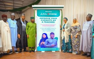 First Lady Senator Oluremi Tinubu, CON, and government officials pose beside an "EduRevamp" program banner by the Federal Ministry of Education.