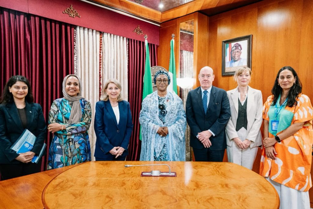 First Lady Senator Oluremi Tinubu, CON, wearing a light blue lace outfit and head wrap, standing center behind a conference table with a diverse group of delegates and officials indoors.